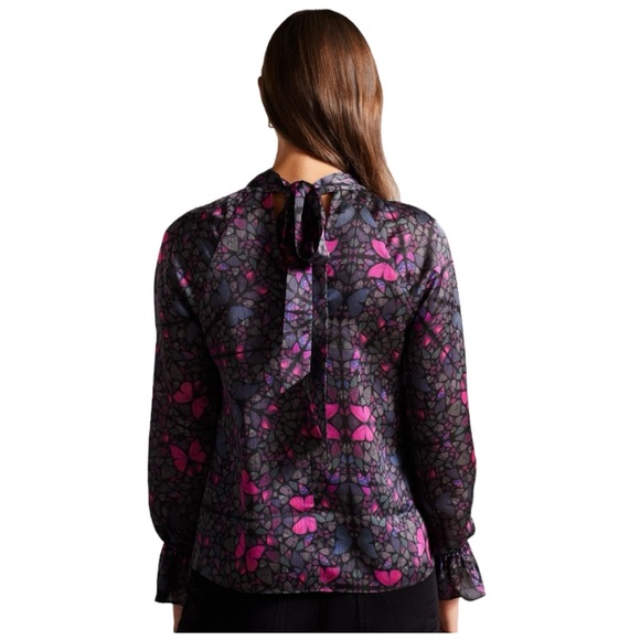 Ted Baker Heidyii Mosaic Butterfly Print Mock Neck Blouse with Cut Outs(6/US 14) - Picture 4 of 15